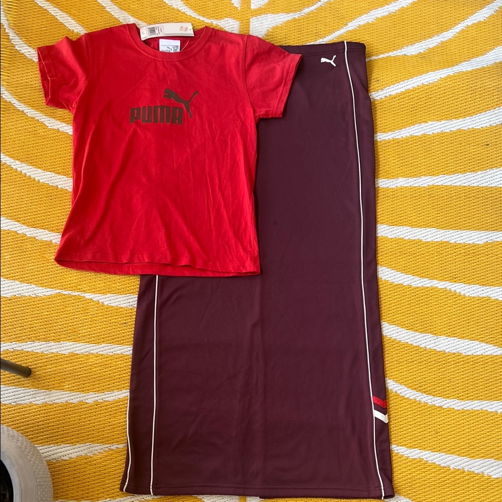 Puma Red Logo Tee with chocolate brown Puma Track skirt. Small